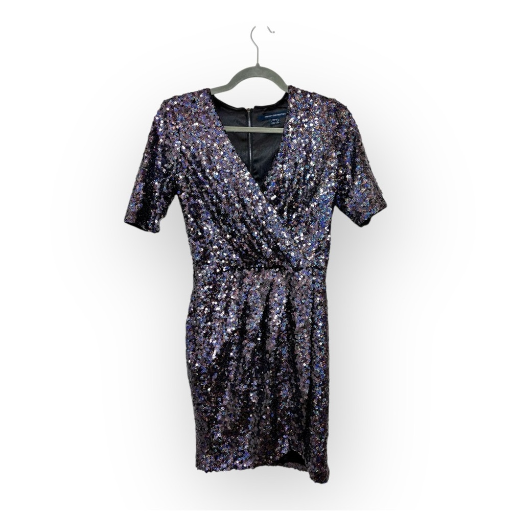 French Connection Purple Black Sequin Wrap Dress Cocktail Evening Party 6